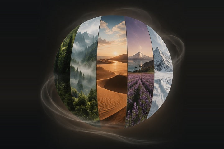 An artistic globe formed from five atmospheric landscapes, surrounded by a subtle scent trail.