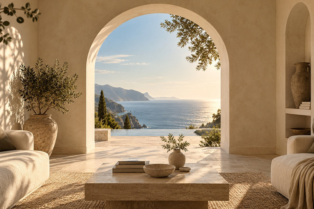 A sunlit home opening onto a Mediterranean sea view, inspired by the Moudhy journey.