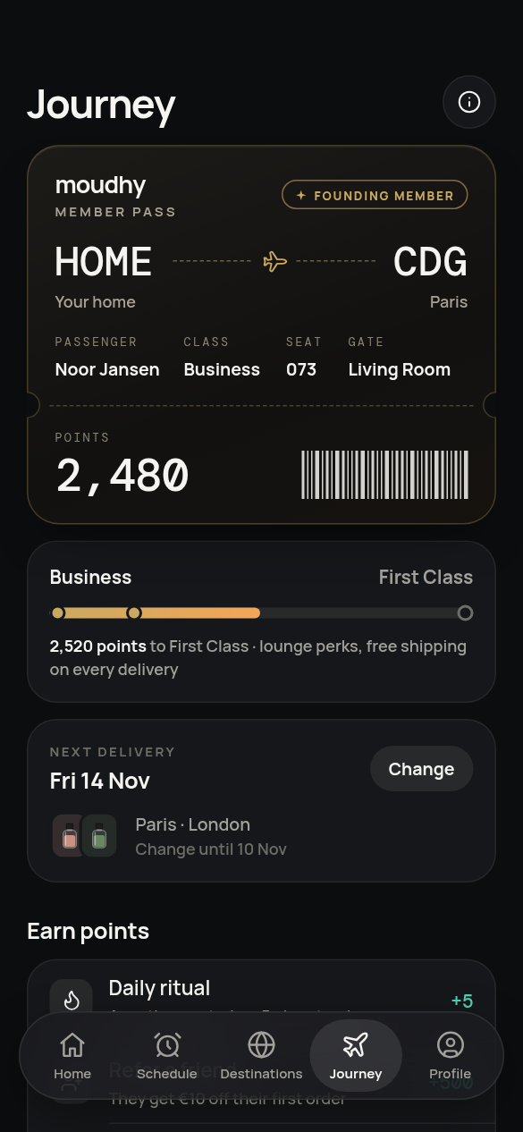 Moudhy app prototype: Journey and Founding Member pass, example screen